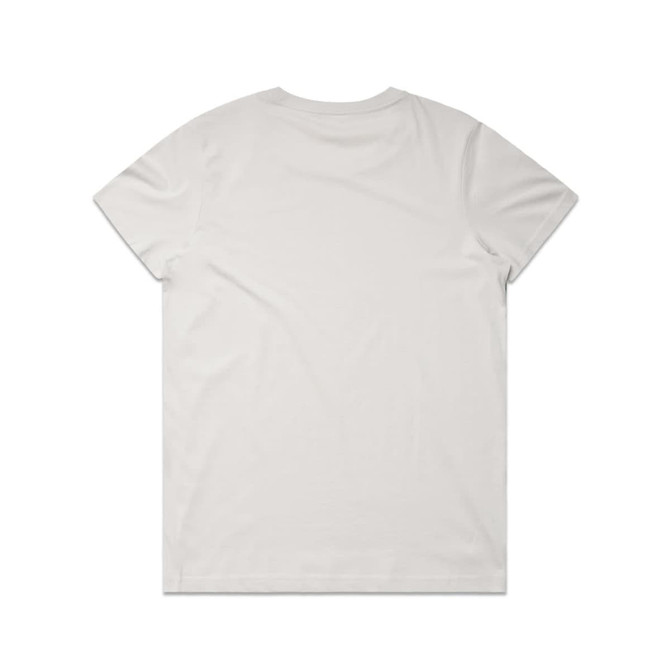 A plain white t-shirt featuring a crew neck and short sleeves, with a logo on the back.