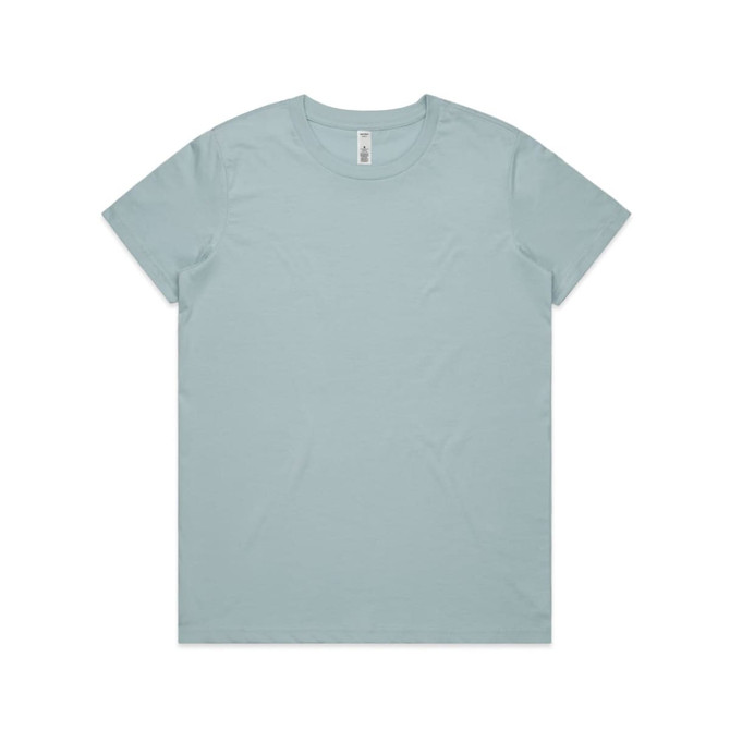 A light blue T-shirt displayed flat, featuring a simple design and a logo label on the collar.