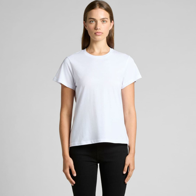 A white women's basic tee with a relaxed fit and short sleeves, displayed against a light background.