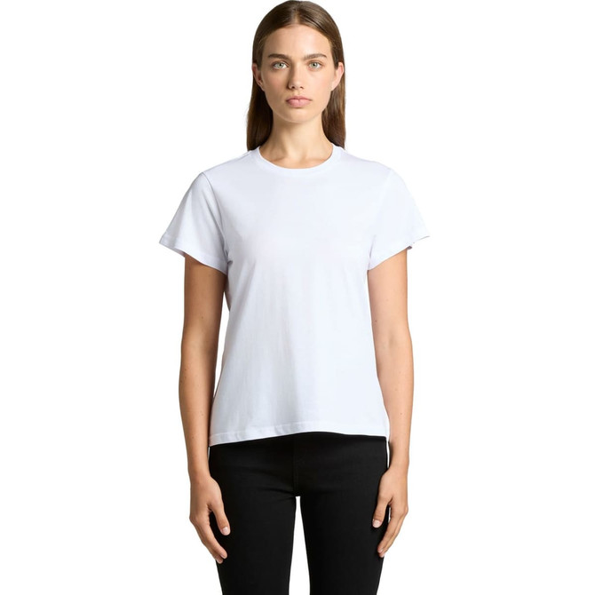 A white basic T-shirt with short sleeves displayed on a model against a plain background.