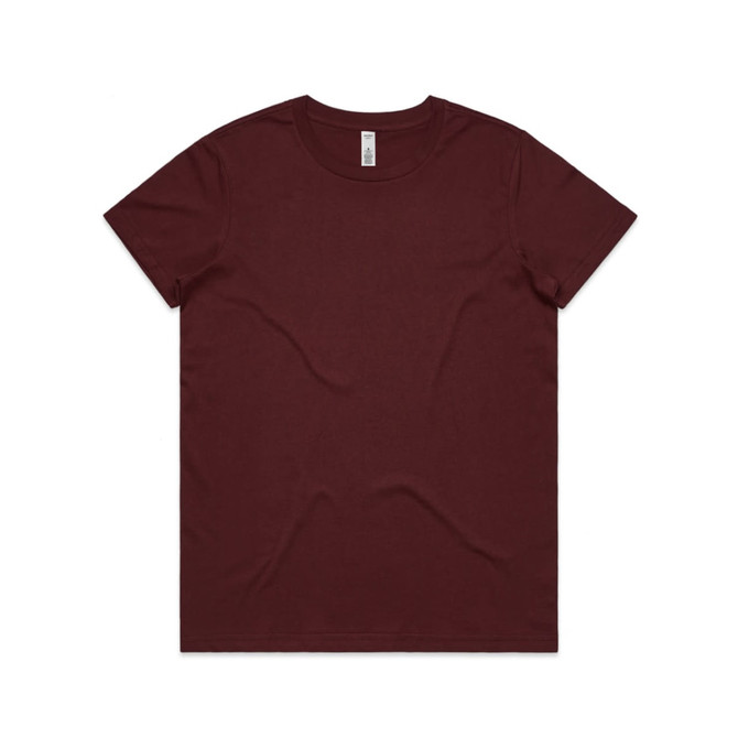 A maroon basic t-shirt with a crew neckline and short sleeves. It includes a label but no visible logos.