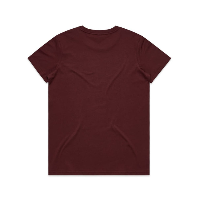 A maroon T-shirt featuring a plain back design and standard fit. Includes a logo on the tag.