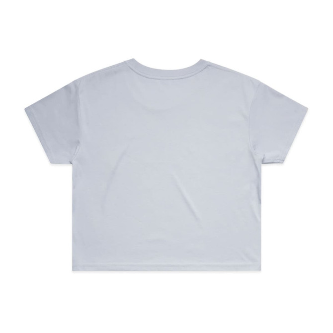 A light blue crop tee featuring a simple design and short sleeves, with a branding logo on the back.