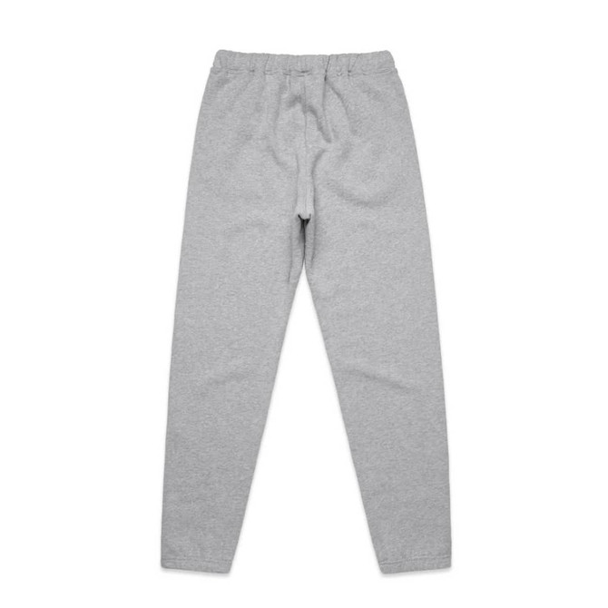 Grey track pants with an elastic waistband and a fitted design. Features a logo on the waistband.