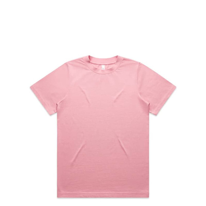 A pink T-shirt featuring a crew neckline and short sleeves, with a logo on the front.