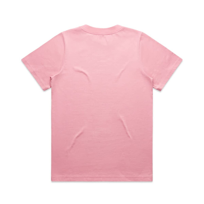 A pink heavy cotton T-shirt with a plain back design. It features a logo on one side.