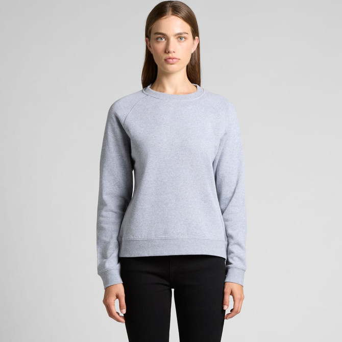 A grey sweater with a relaxed fit and ribbed cuffs, featuring a logo on the front.