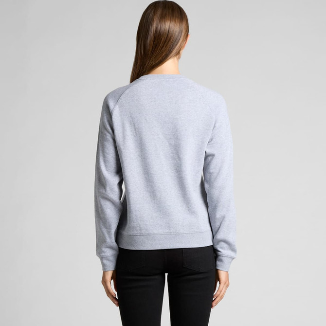 A grey sweater viewed from the back, featuring long sleeves and a relaxed fit. The design includes a logo on the fabric.