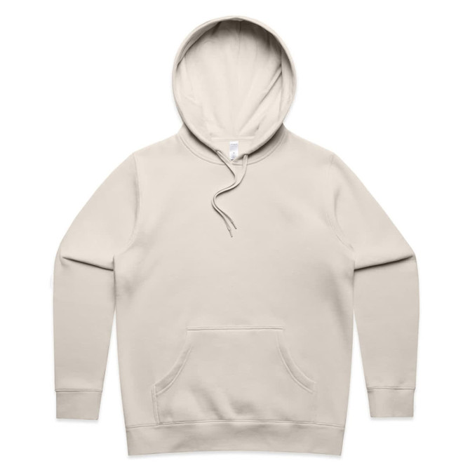 A beige hoodie with a front pocket and a drawstring hood, featuring a logo on the label.