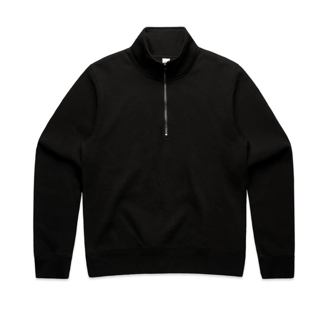 A black half zip crew jumper featuring a fleece fabric and a zipper at the neck. It has a simple design and a logo.