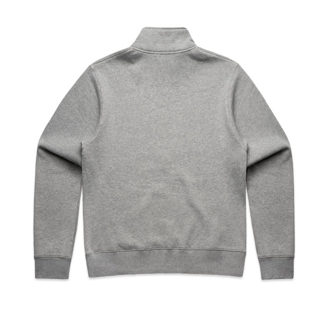A grey half-zip crew jumper with a high collar and ribbed cuff details. It features a logo on the back.