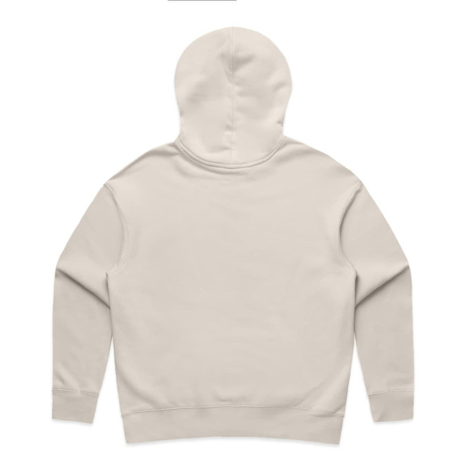 A beige hoodie with a hood and no visible branding, featuring a simple back design.