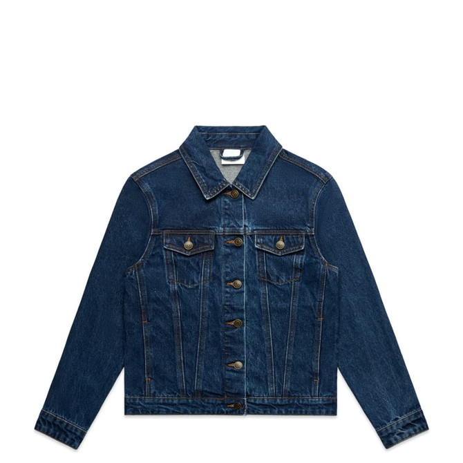 A denim jacket in dark blue with a classic front design, featuring pockets and a logo.