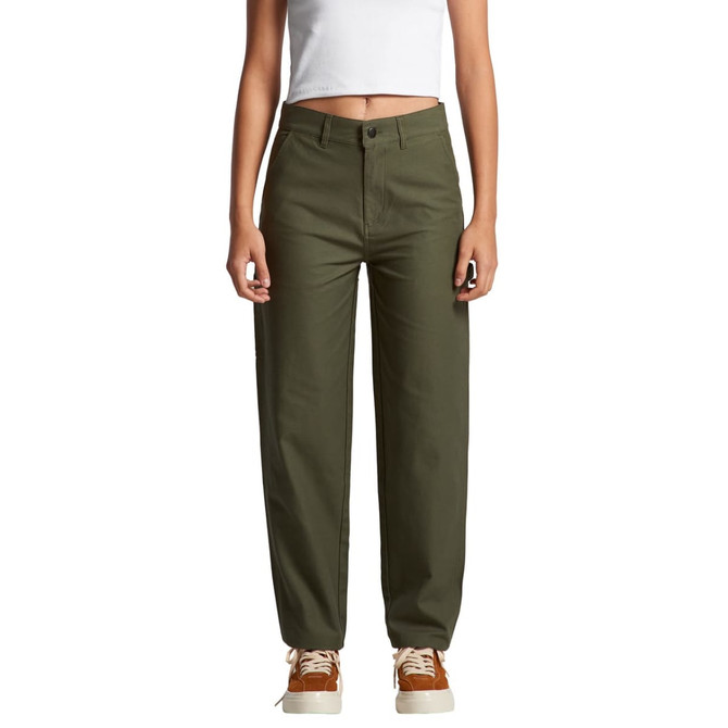 Olive-green cargo pants with a relaxed fit and multiple pockets, featuring a logo on the waistband.
