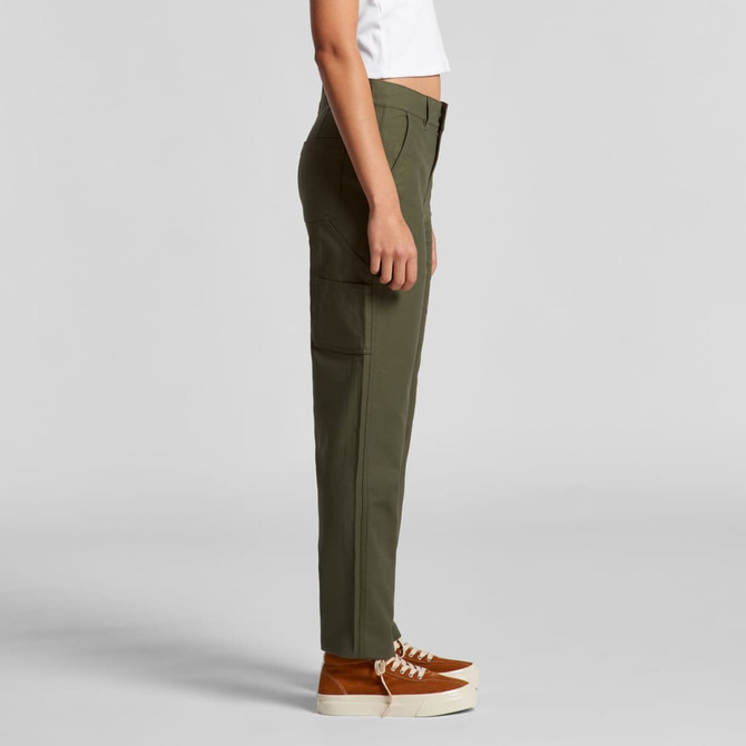 Utility cargo pants in khaki green, displayed side view on a model. The pants feature multiple pockets.