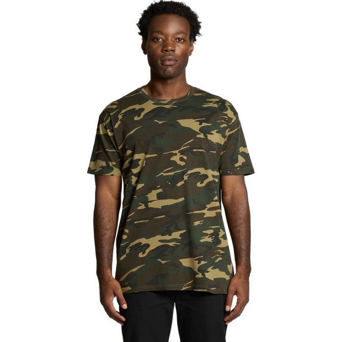 A camo-patterned t-shirt in shades of green and brown with a logo on the chest.
