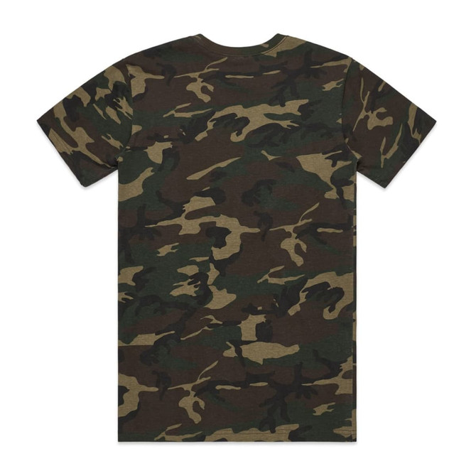 A camouflage-patterned T-shirt in various shades of green and brown. It features a logo on the back.