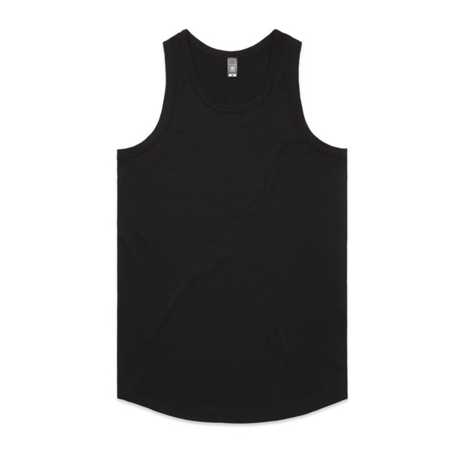 A black singlet with a round neck and no sleeves, featuring a logo at the neckline.