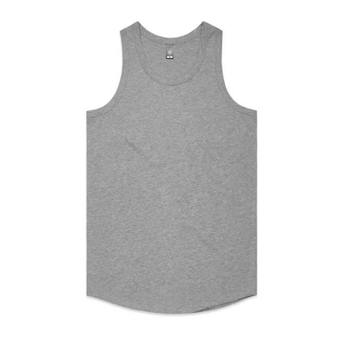 A grey singlet featuring a round neck design and a logo on the label.