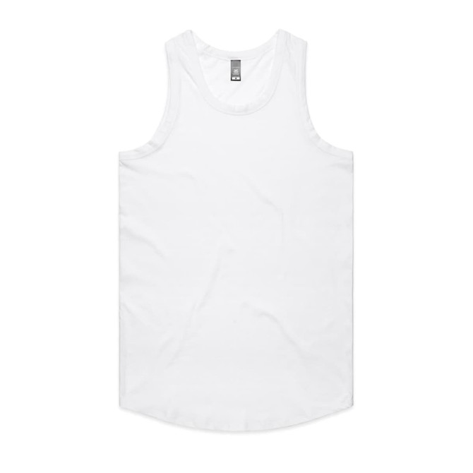 A white singlet with a rounded hem and a logo on the label.