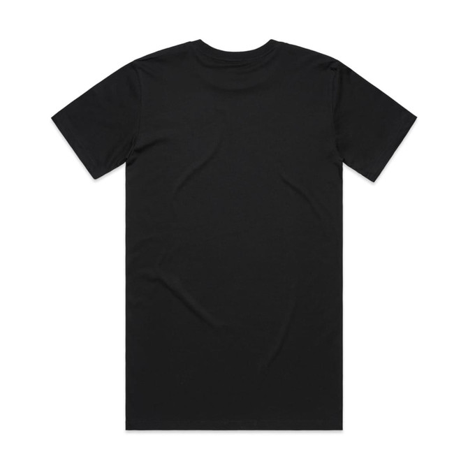 A black T-shirt with a standard fit and short sleeves, featuring a plain design on the back.