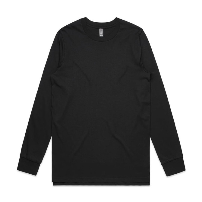 A black long-sleeve t-shirt with a round neckline and no visible designs. It features an attached brand logo.
