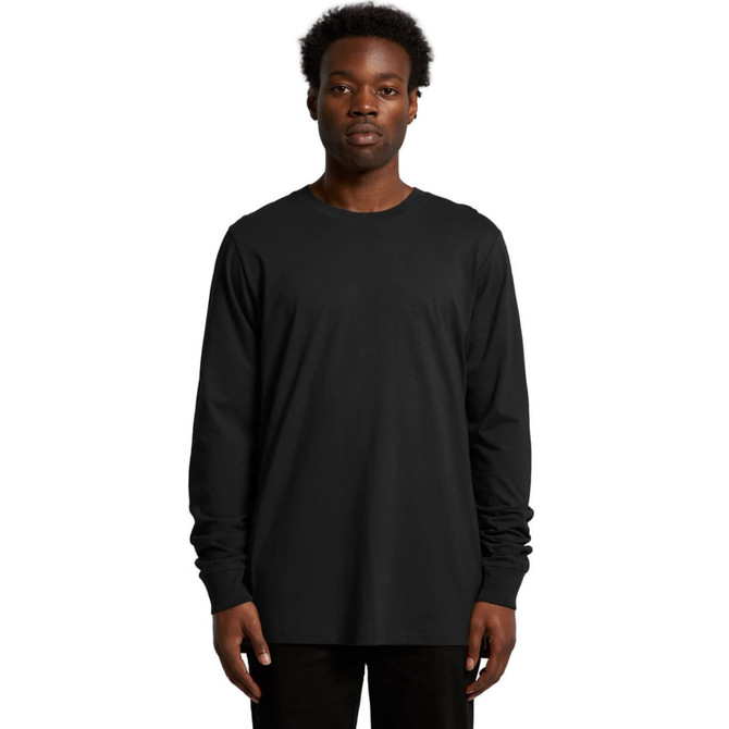 A long sleeve black t-shirt featuring a fitted design and a round neckline, presented on a male model.