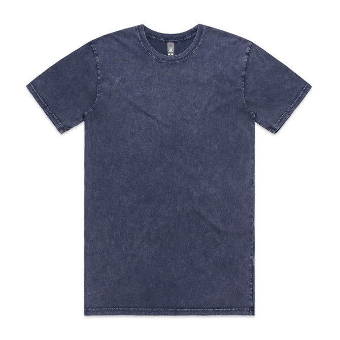 A blue stone wash t-shirt with a round neck and short sleeves, featuring a logo on the label.