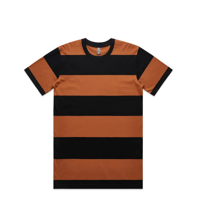 A striped t-shirt featuring wide black and orange stripes, with a round neckline and short sleeves.