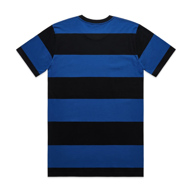 A blue and black striped T-shirt featuring a logo. The design includes wide horizontal stripes.