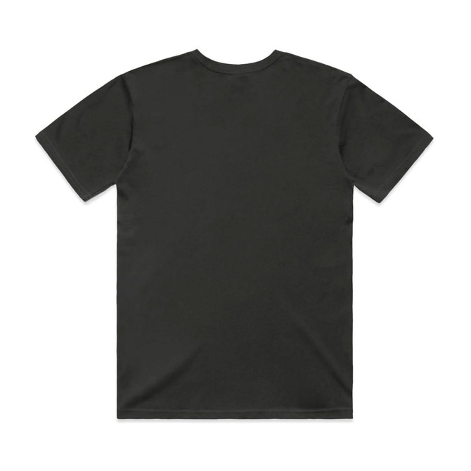 A black t-shirt featuring a plain back, suitable for casual wear. The shirt has a logo.
