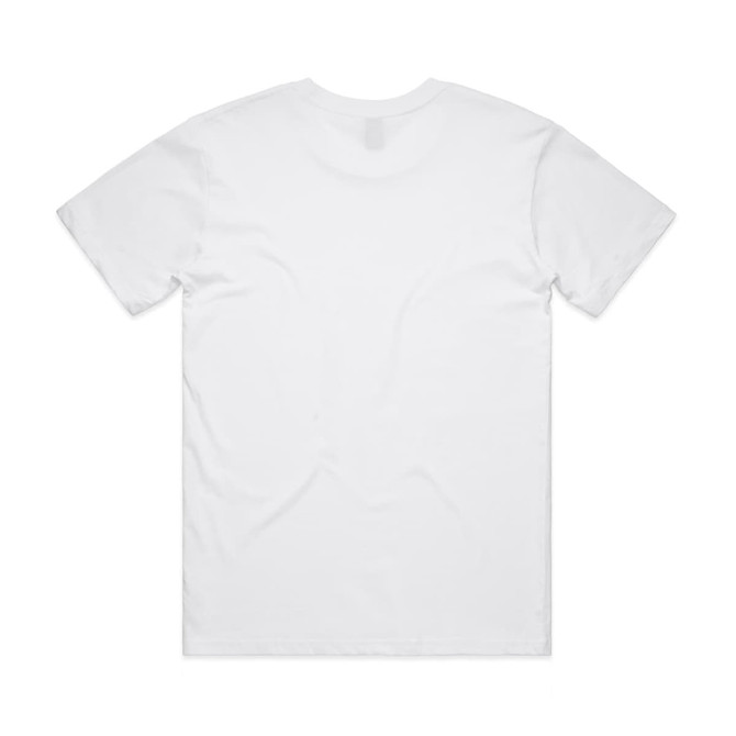 A plain white t-shirt with short sleeves, featuring a logo on the back.