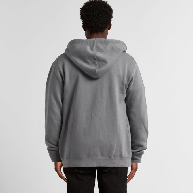 A grey zip-up hooded jumper seen from the back, featuring a large hood and a relaxed fit.