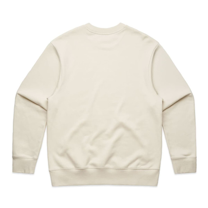 A cream-coloured jumper featuring a plain back. The design includes a ribbed hem and cuffs, alongside a branding logo.