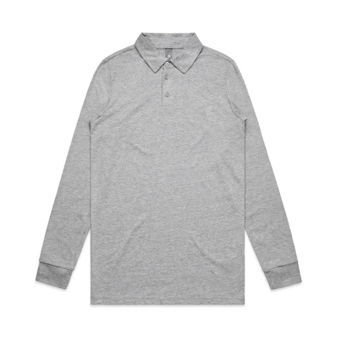 A long-sleeve grey polo shirt featuring a collar and a branded logo.