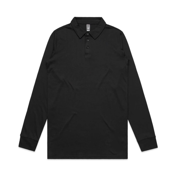 A long-sleeve black polo shirt featuring a collar and a button placket. The shirt has a logo on it.