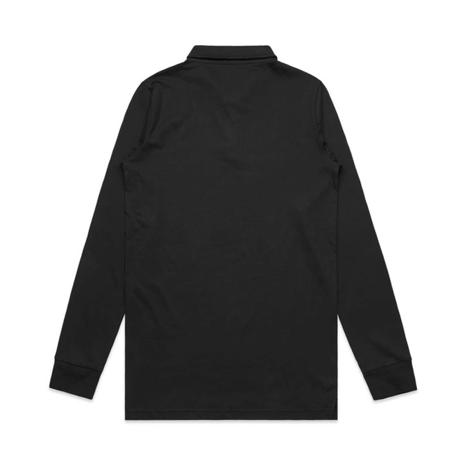 A long-sleeve black polo shirt with a collar and long sleeves, featuring a logo.