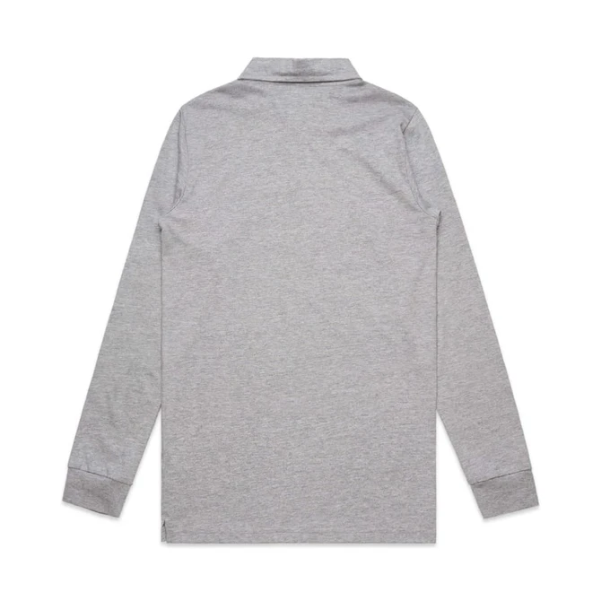 A long-sleeve polo shirt in grey with a collar and cuffs, featuring a logo on the side.