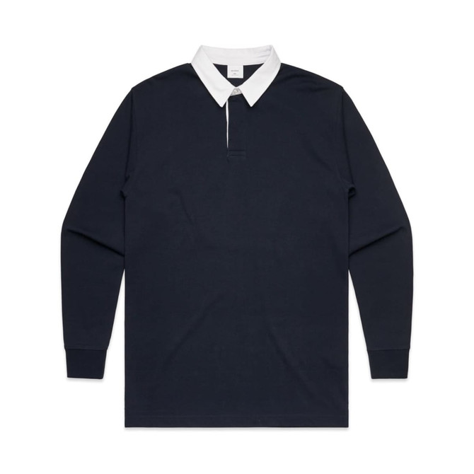 A navy rugby jersey with a white collar and long sleeves, featuring a logo on the chest.