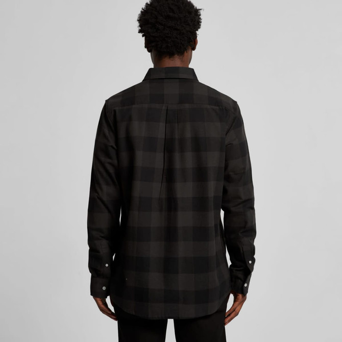 A black check button-up shirt with a solid back and long sleeves. The shirt features a classic collar and a logo.