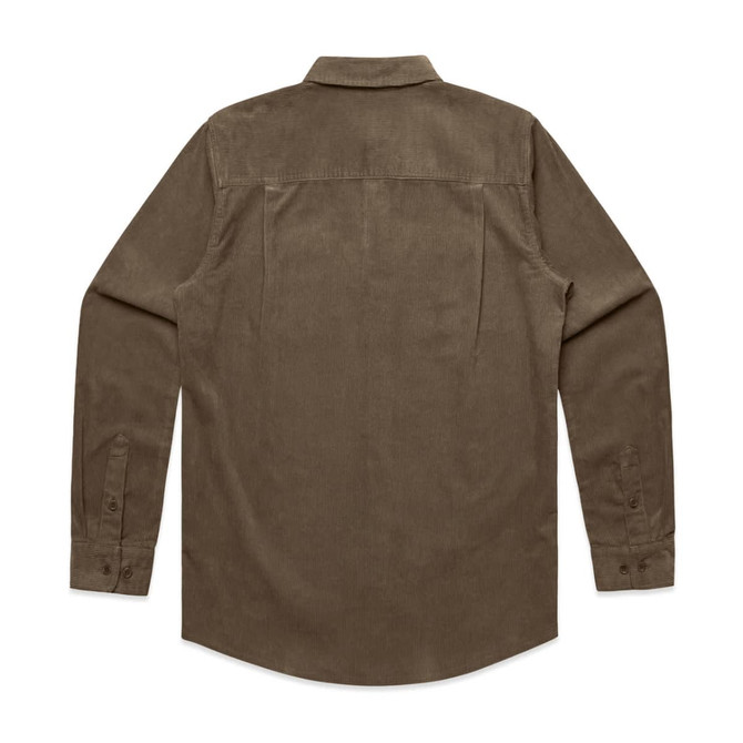 A brown cord shirt with long sleeves and a button-up design, featuring a back yoke and a logo.