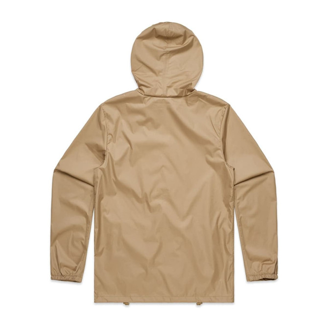 A beige rain jacket with a hood, featuring a simple design and elasticated cuffs. It includes a logo on the fabric.