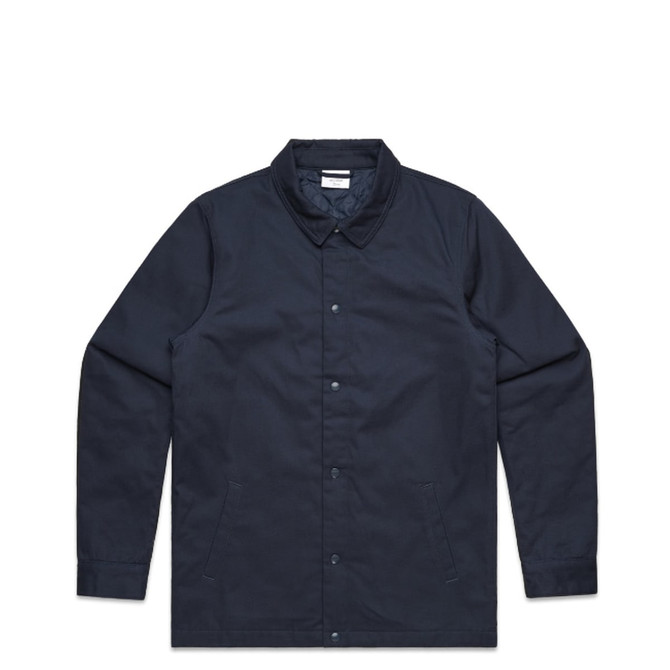 A navy work jacket with a collar, button closure, and side pockets, featuring a small logo.