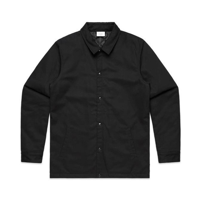 A black work jacket with a collared neckline and snap buttons, featuring two side pockets and a logo.