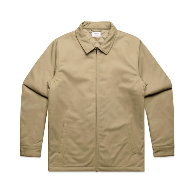 A beige service jacket with a zip closure and two front pockets, featuring a collar and a logo.