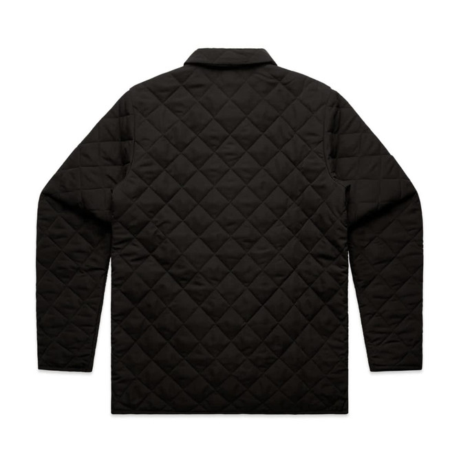 A black quilted jacket featuring a diamond pattern and a collared design, with no visible branding.