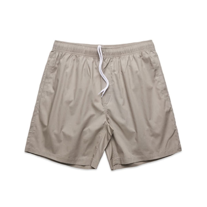 Beige beach shorts with an elastic waistband and white drawstring. Features a logo on the waistband.