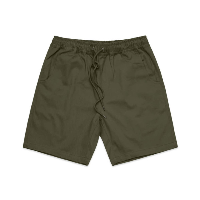 Olive green walk shorts featuring an elastic waistband, drawstring, and side pockets. Includes a logo detail.