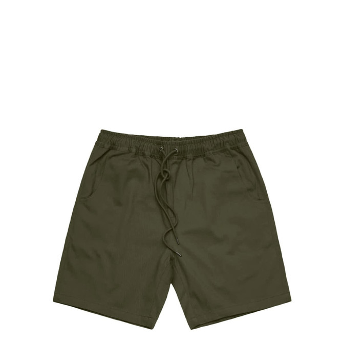 Walk shorts in an olive green shade, featuring an elastic waistband with drawstrings and side pockets.