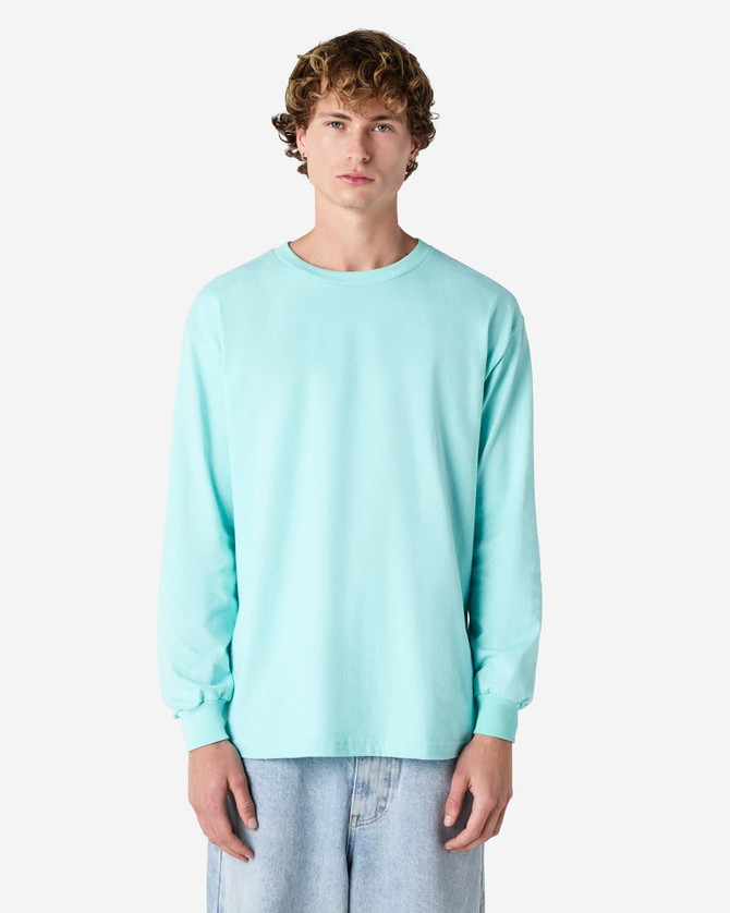 A long sleeve unisex T-shirt in a light blue colour, featuring a logo on the front.